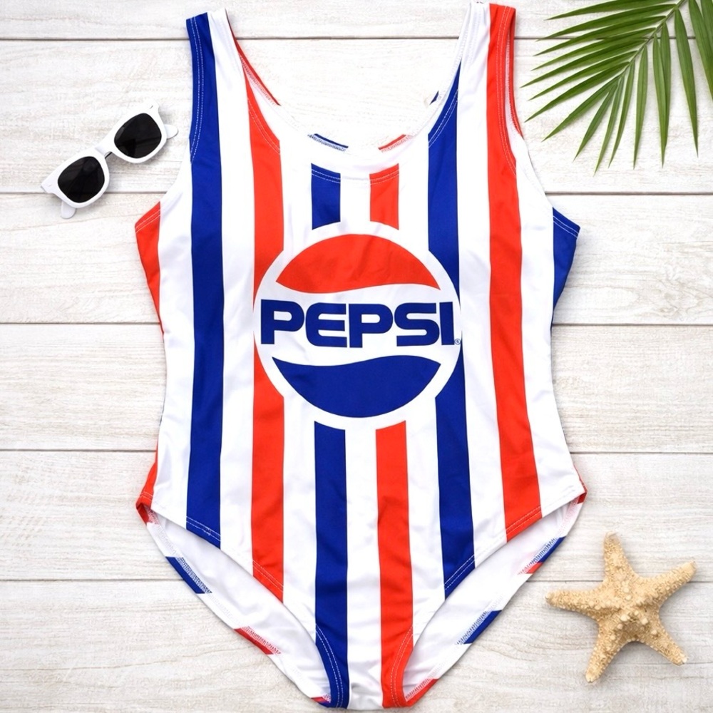 Pepsi One Piece Swimsuit Red White Blue Logo Stripe NWT Retro Size L - Picture 2 of 9